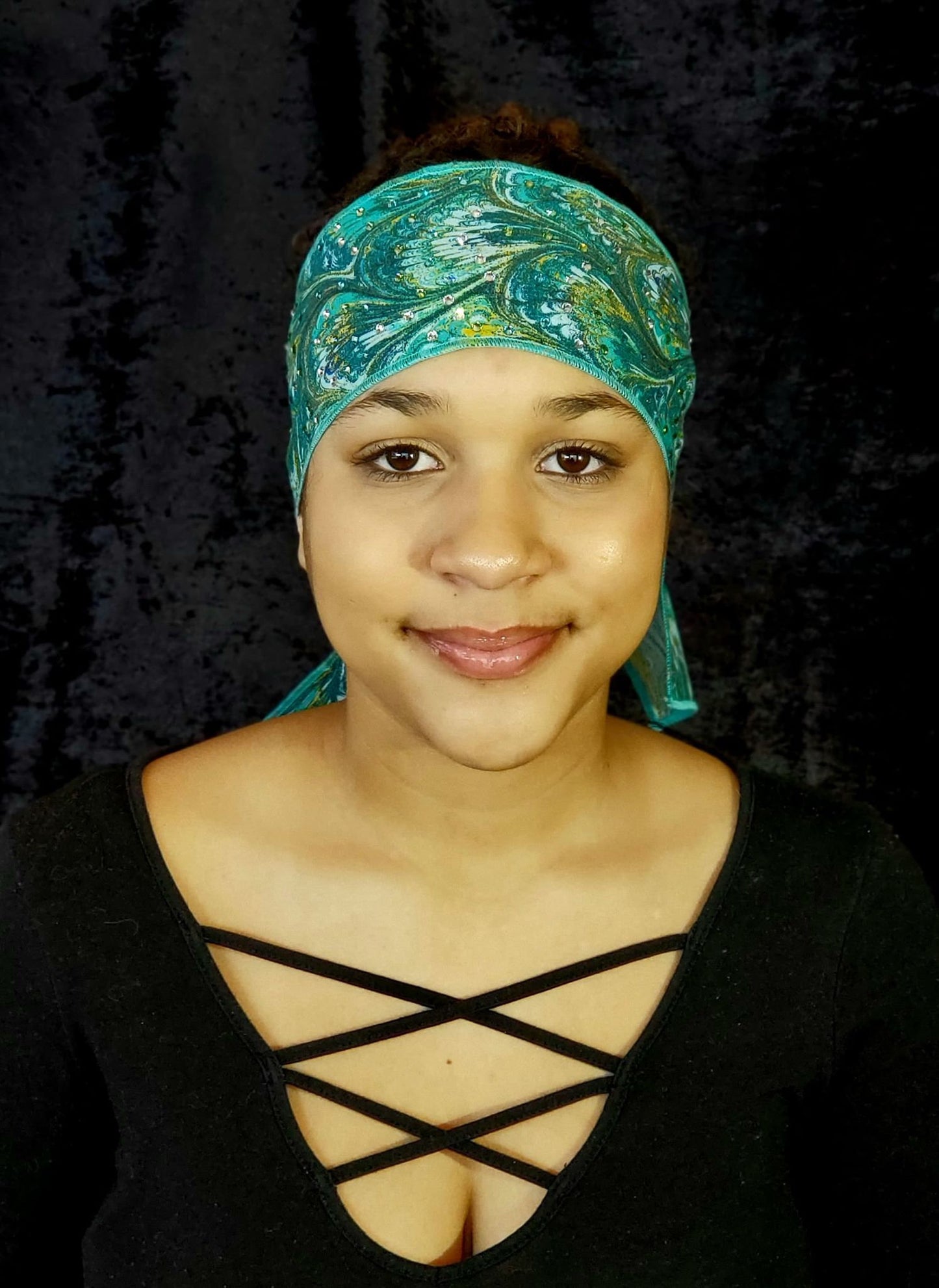 Turquoise Oil Slick Headband Strip with Light Blue, Diamond Clear and Light Green Austrian Crystals (Sku5558)
