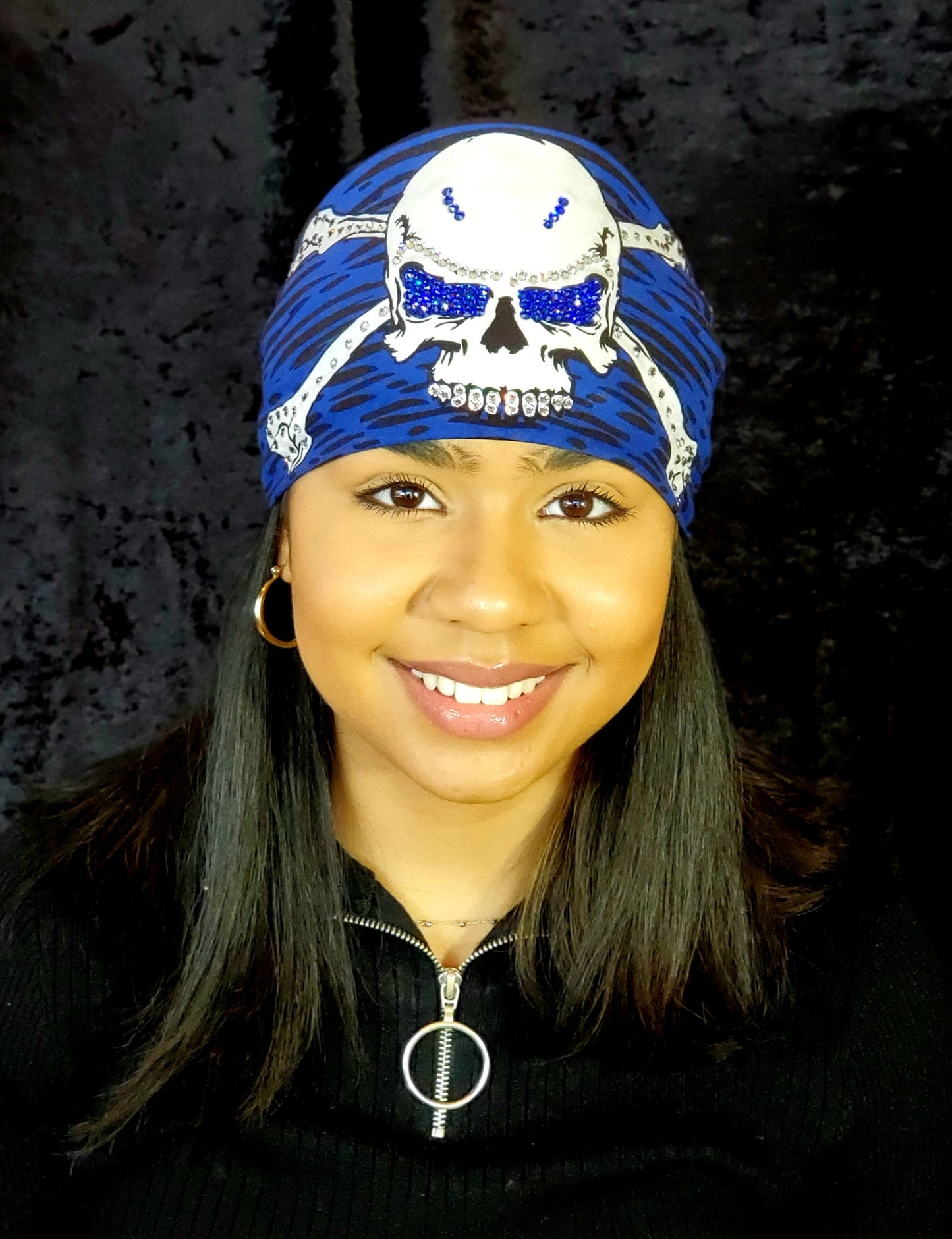 Blue Skull & Cross Bones Bandana with Blue and Diamond Clear Austrian Crystals (Sku1096)