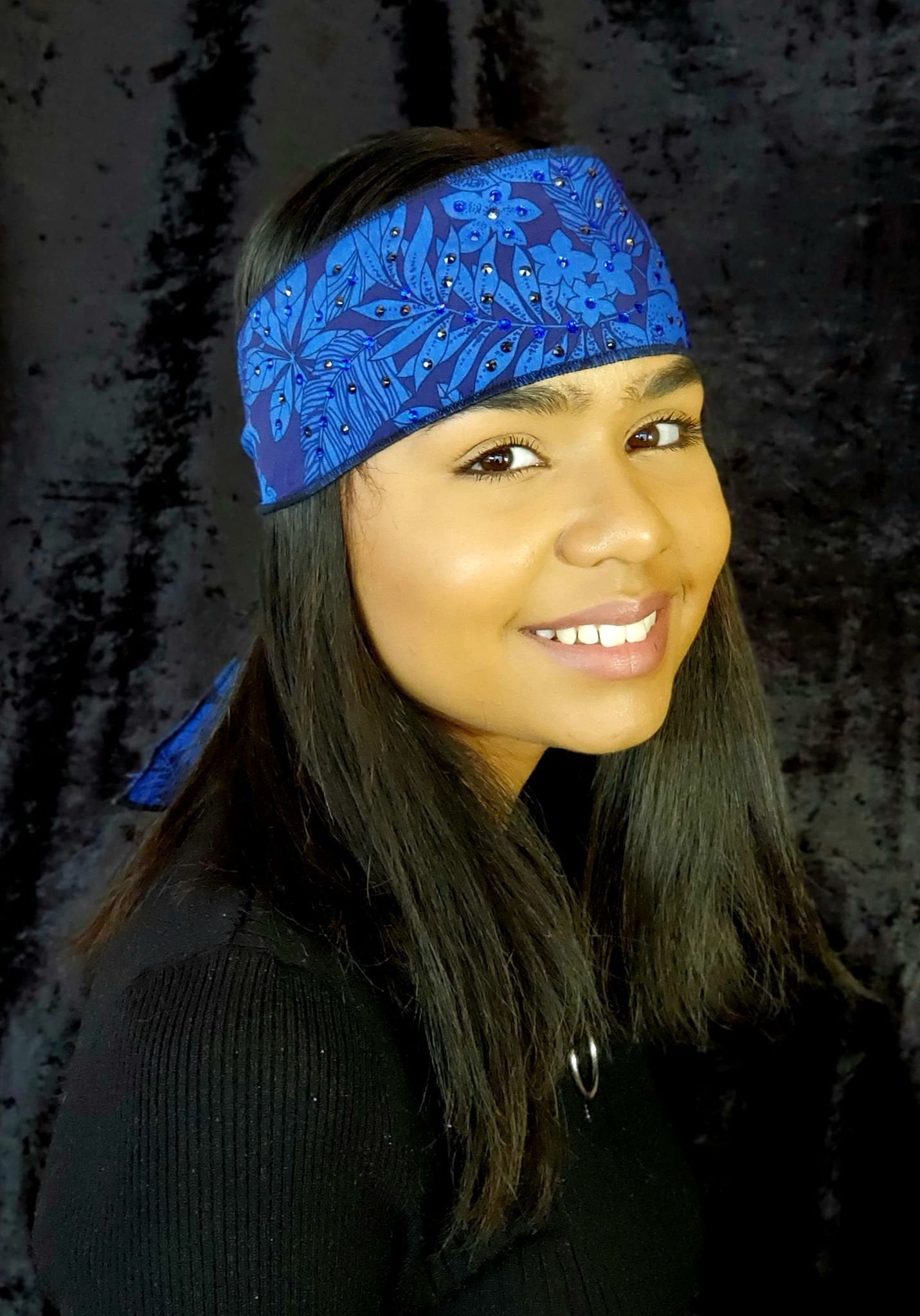 Dark Blue Jungle Leaves Headband Strip with Blue and Black Austrian Crystals (Sku5560)