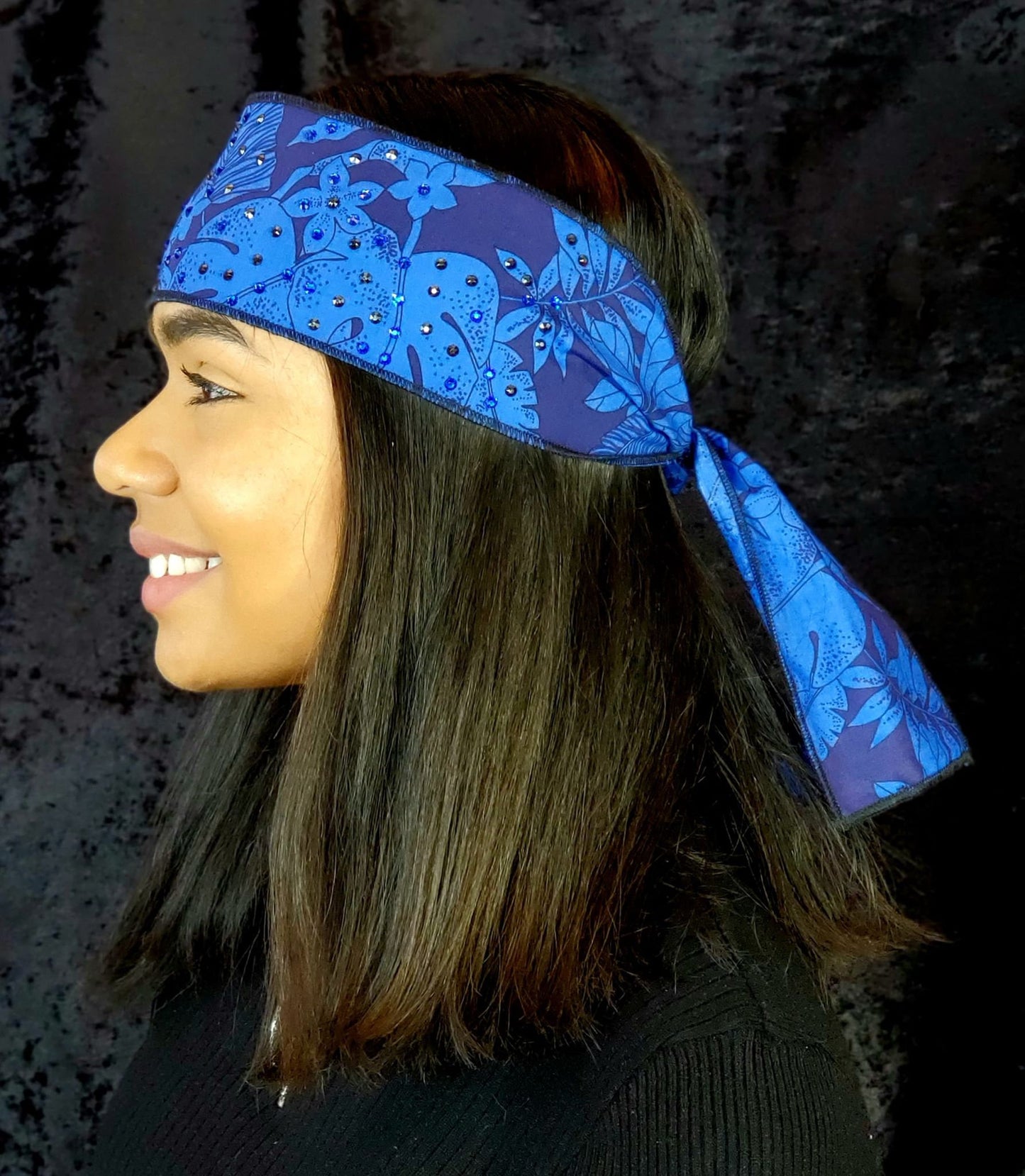 Dark Blue Jungle Leaves Headband Strip with Blue and Black Austrian Crystals (Sku5560)