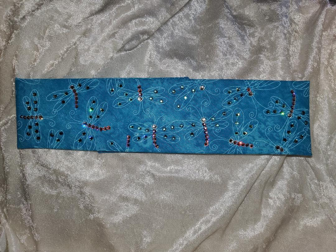 Narrow Blue Dragonfly Bandana with Light Blue and Aurora Borealis Austrian Crystals (Sku1263)