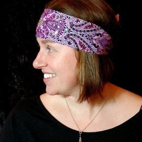 Narrow Lavender Indian Bandana with Fuchsia and Diamond Clear Austrian Crystals (Sku1399)