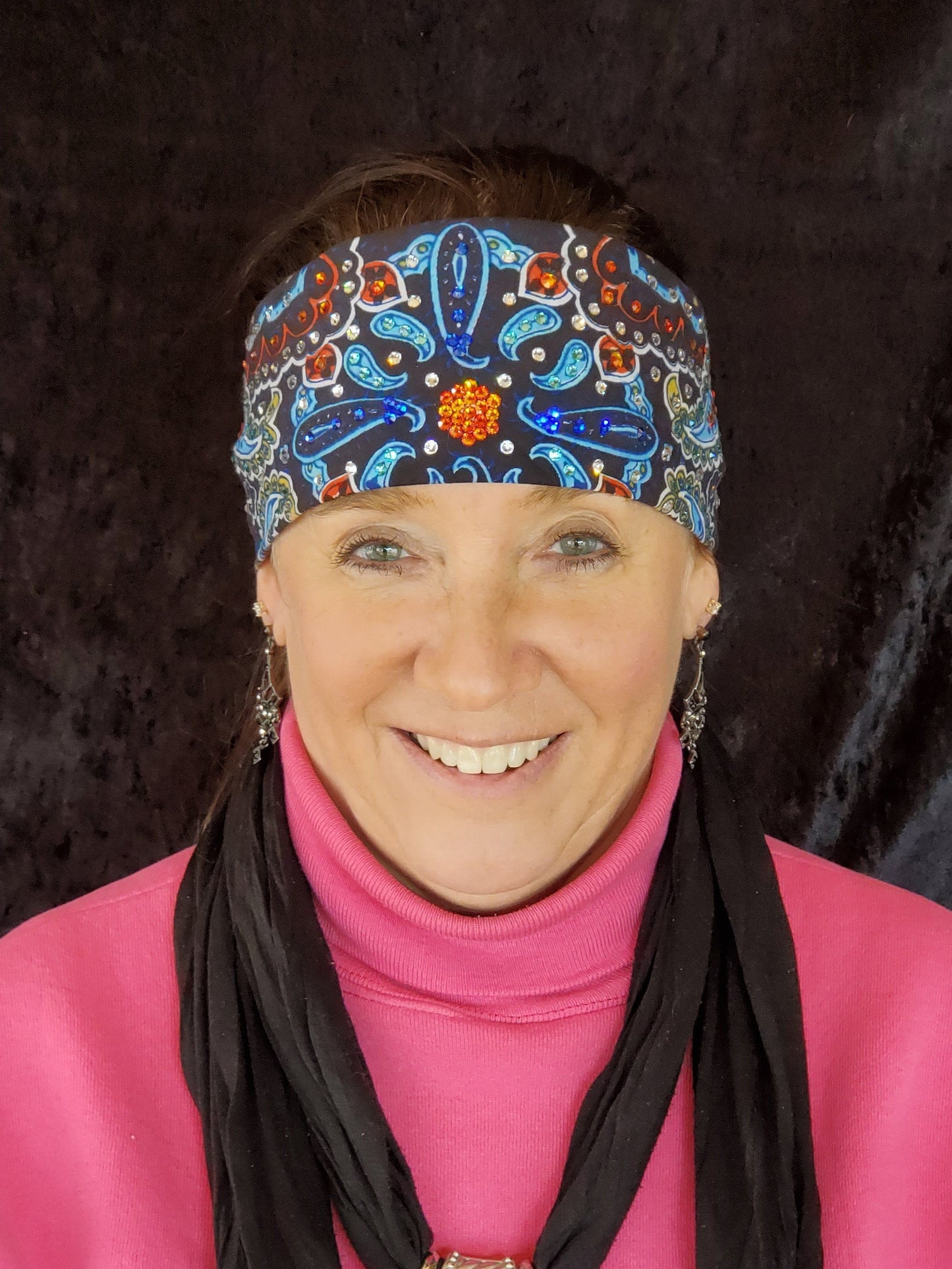 Blue Indian Design Bandana with Orange, Blue, Turquoise and Diamond Clear Austrian Crystals (Sku1404)