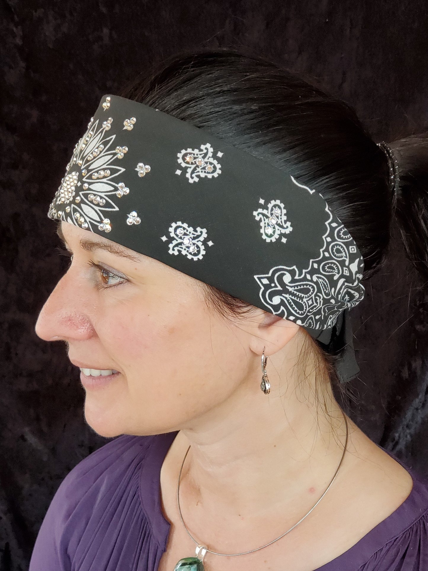 Black Paisley Bandana with Diamond Clear Austrian Crystals (Sku1916)