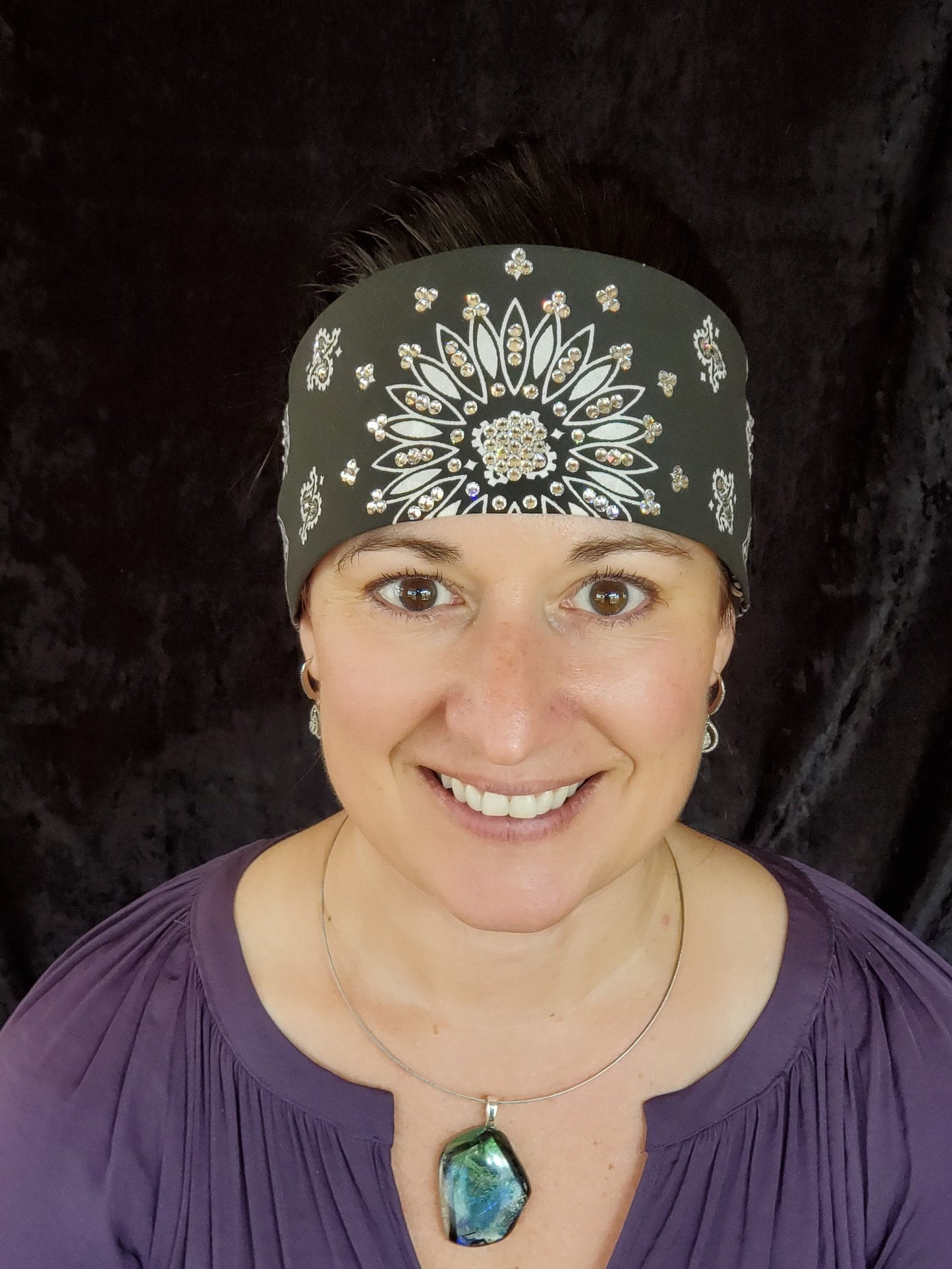 Black Paisley Bandana with Diamond Clear Austrian Crystals (Sku1916)