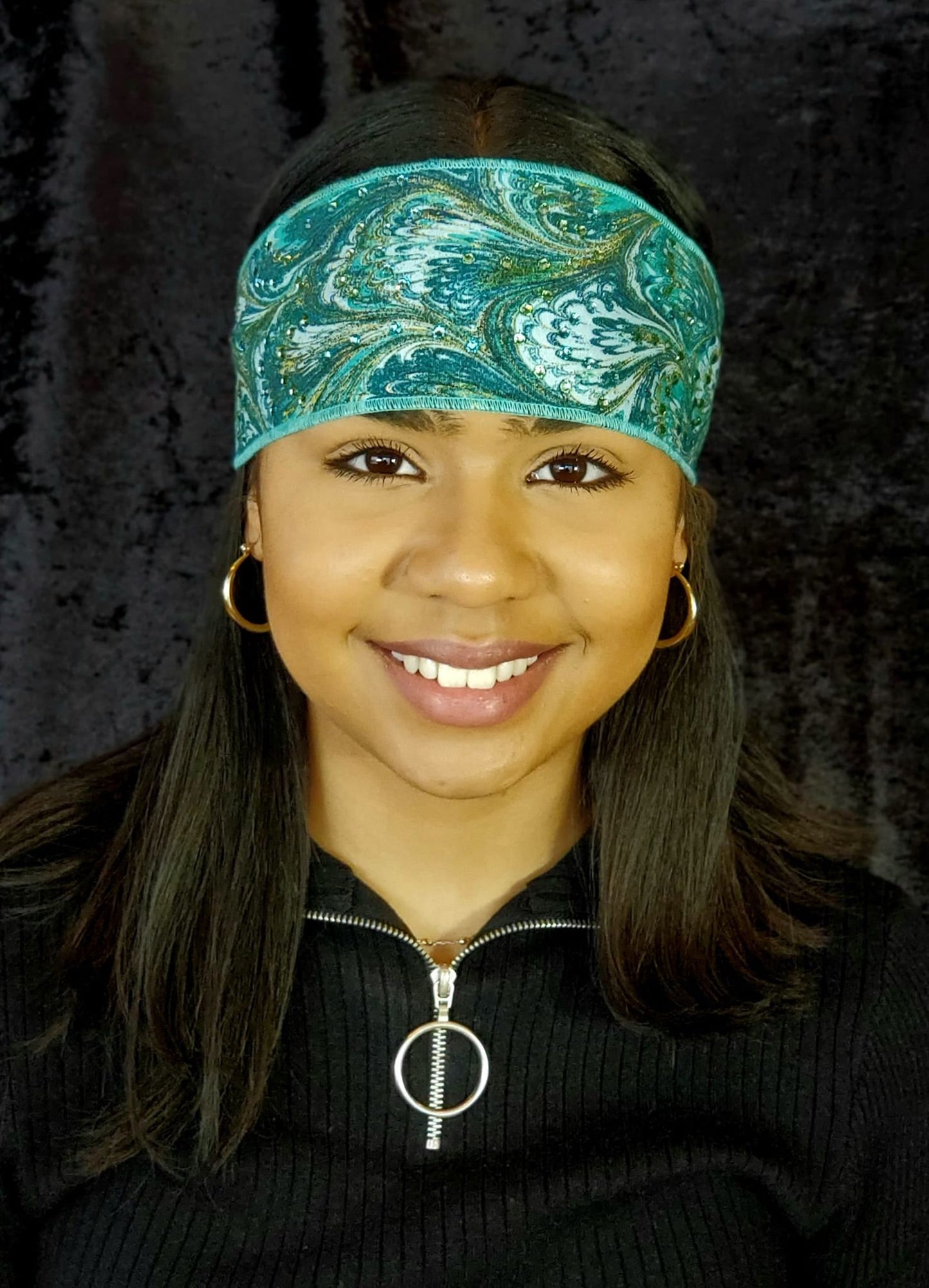 Turquoise Oil Slick Headband Strip with Light Blue and Light Green Swarovski Crystals (Sku5557)
