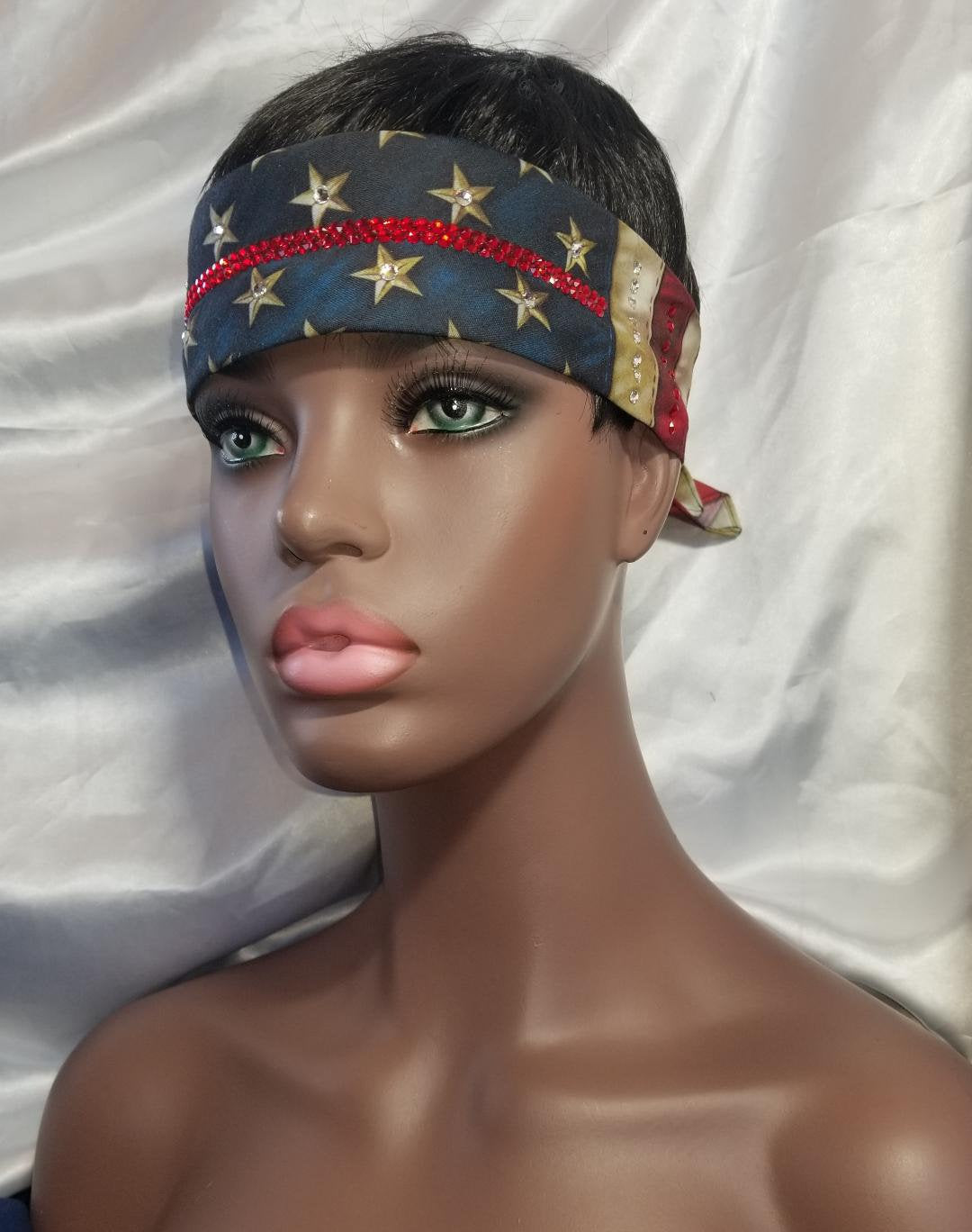 Thin RED Line Vintage Flag Bandana with Red and Diamond Clear Austrian Crystals (Sku1152)