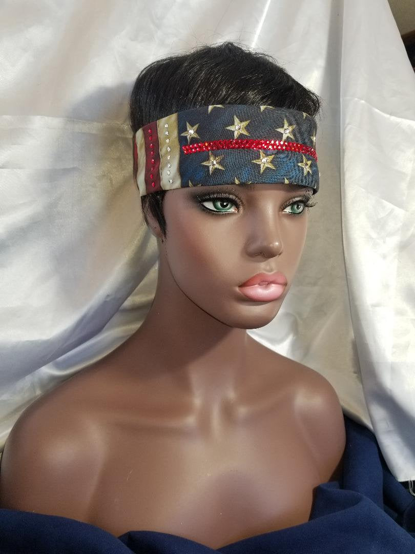 Thin RED Line Vintage Flag Bandana with Red and Diamond Clear Austrian Crystals (Sku1152)
