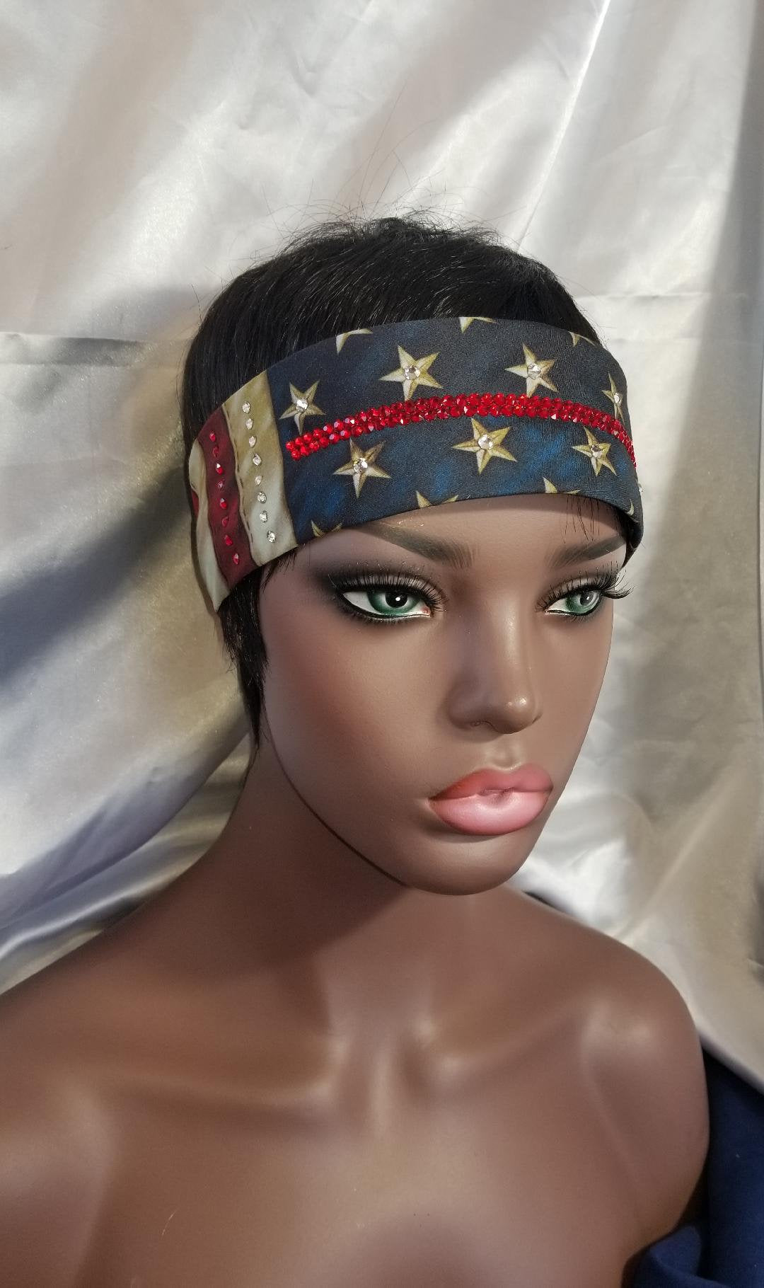 Thin RED Line Vintage Flag Bandana with Red and Diamond Clear Austrian Crystals (Sku1152)