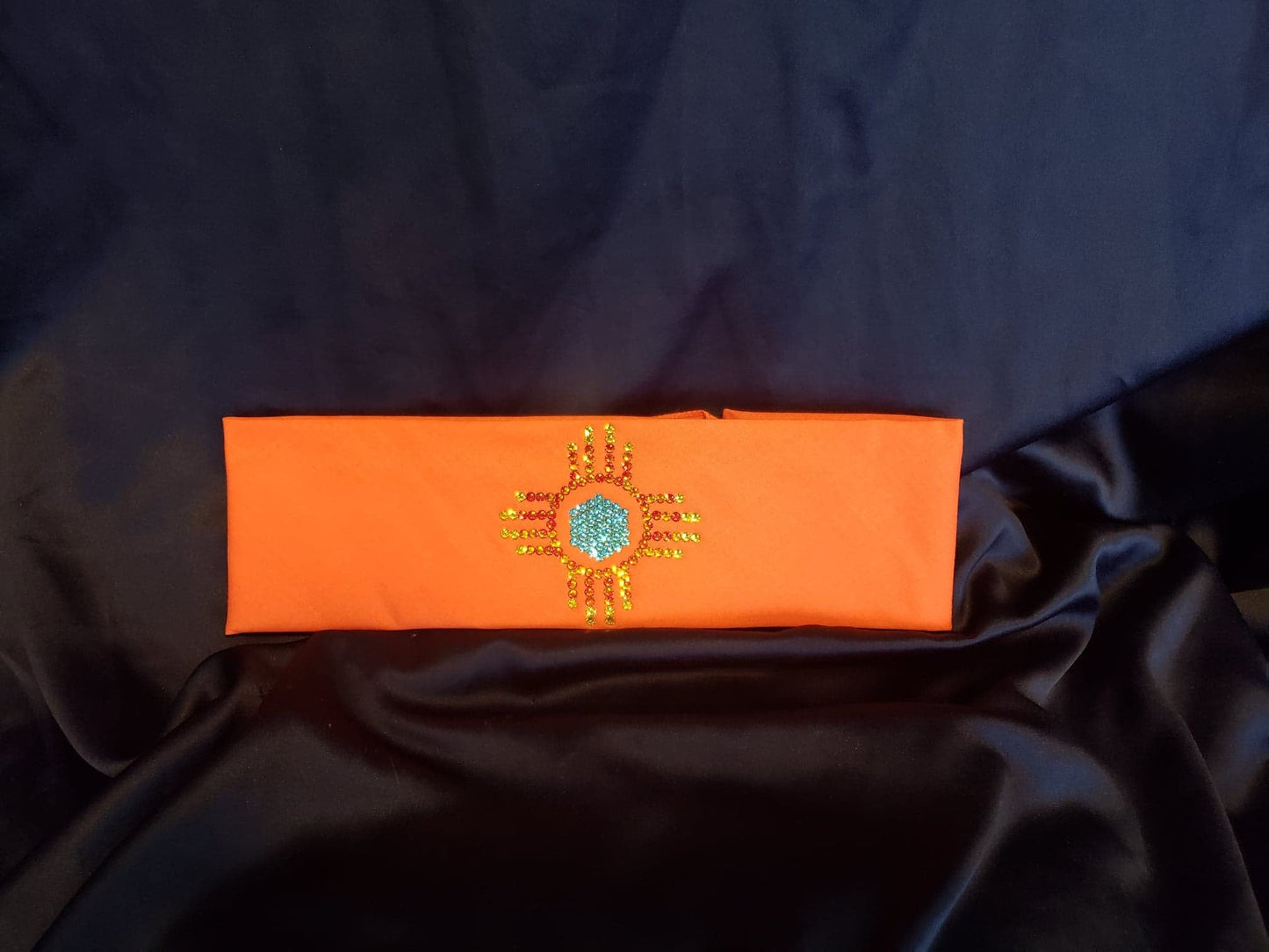 Zia on Orange Bandana with Orange, Yellow and Turquoise Austrian Crystals (Sku9700)