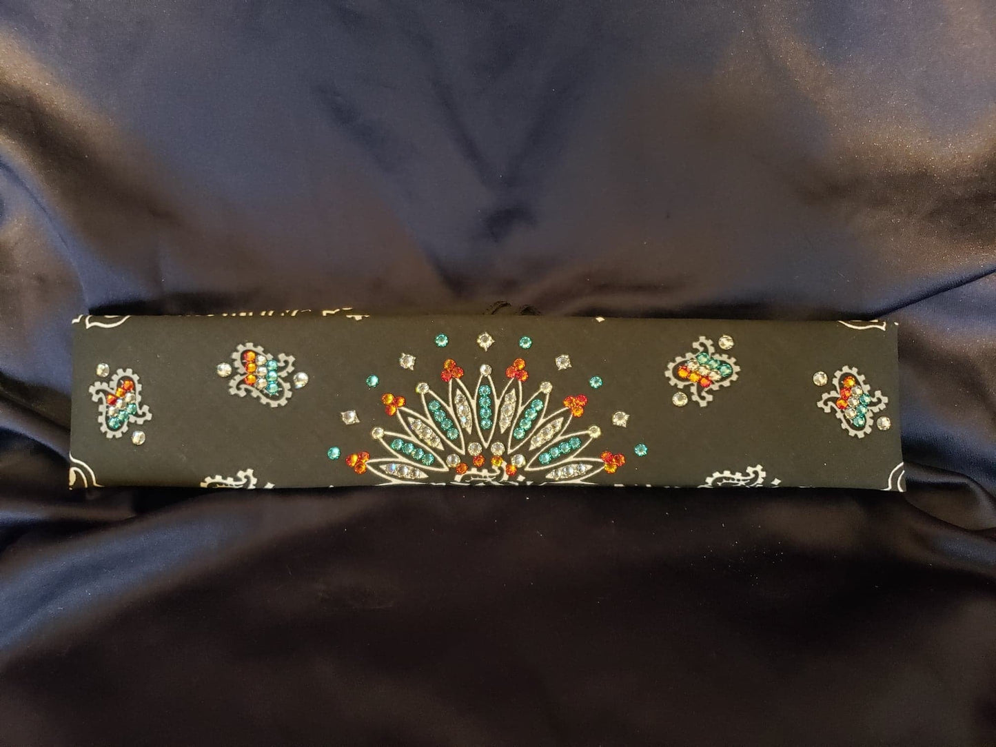 Narrow Black Paisley with Turquoise, Orange and Diamond Clear Austrian Crystals (Sku2083)