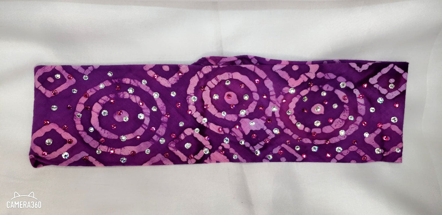 Purple and Pink Shapes Bandana with Fuchsia and Diamond Clear Austrian Crystals (Sku9930)