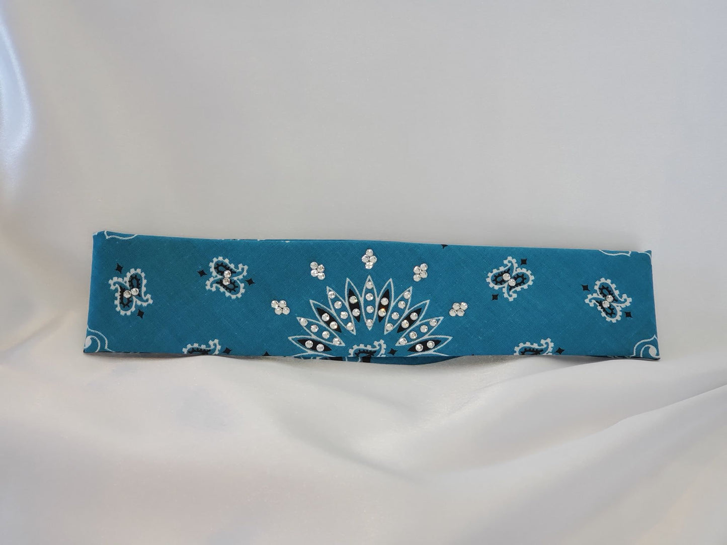 Bargain Narrow Dark Teal Paisley Bandana with Diamond Clear Crystals (Sku8047)