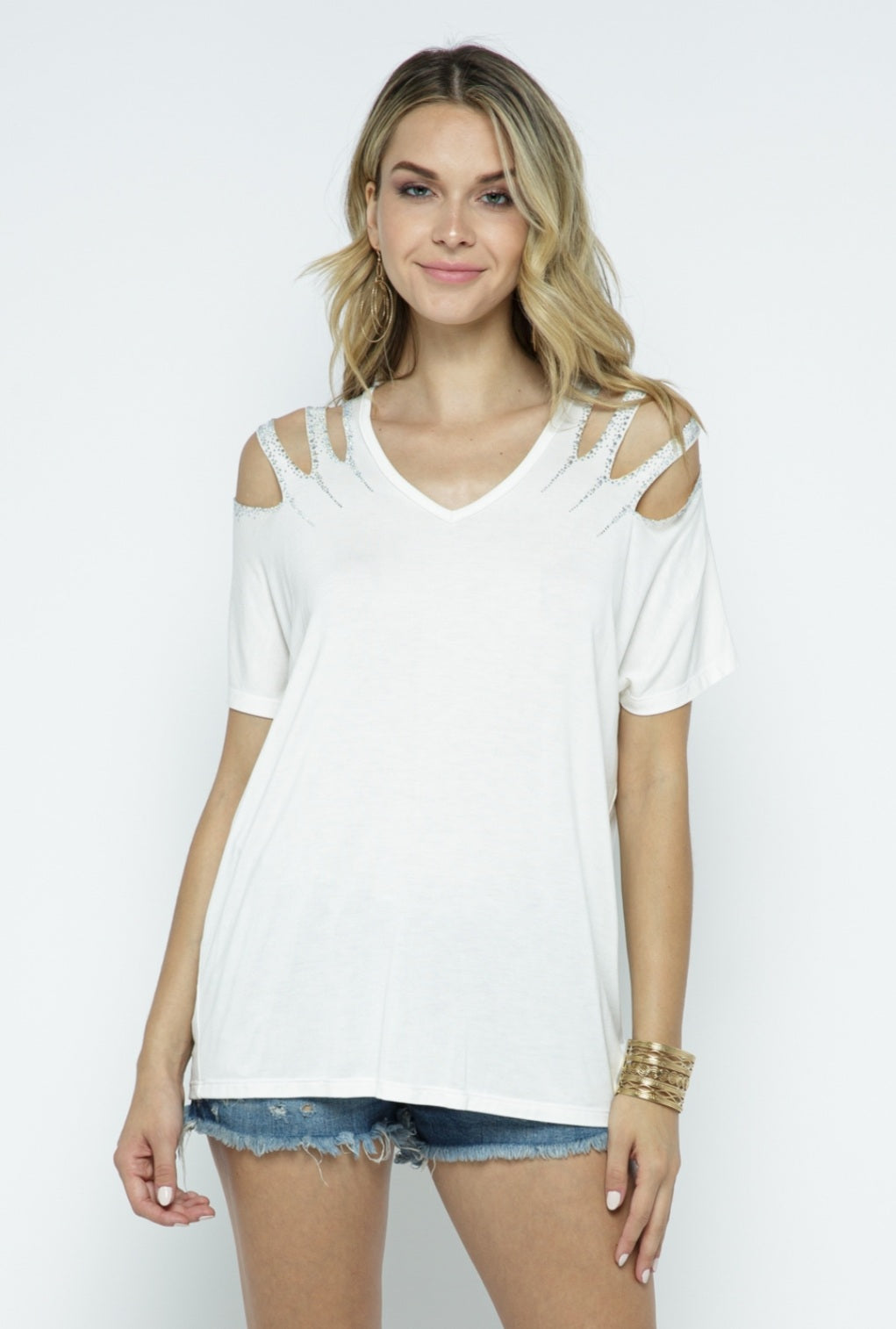 Off White Laser cut Short Sleeves with Stones