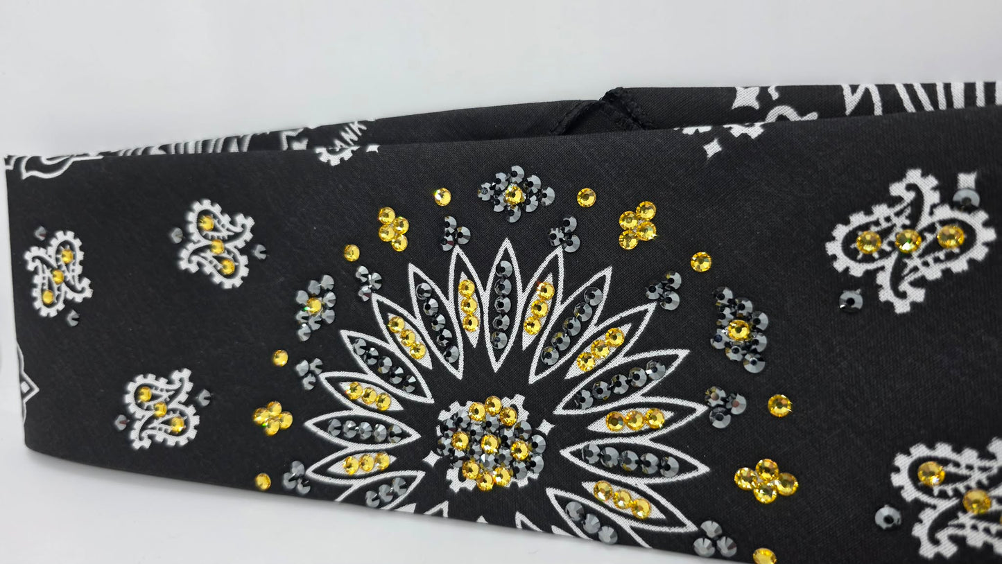 EXTRA BLING -Black Paisley Bandana with Golden Yellow and Black Austrian Crystals (E60110)
