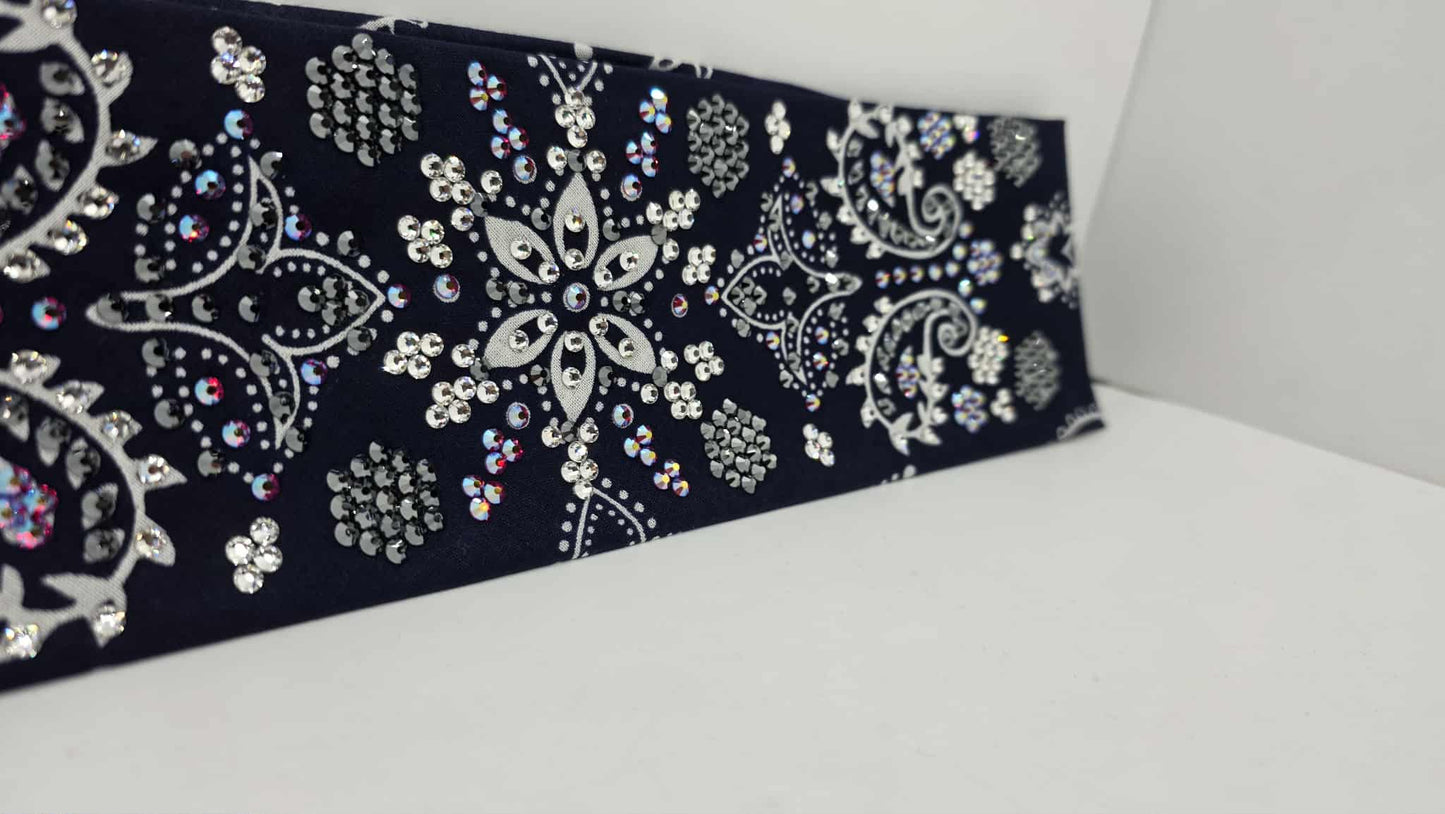 Super LeeAnnette Large Navy Blue Flower Bandana with Red Shimmer, Black and Diamond Clear Austrian Crystals (sku40125)