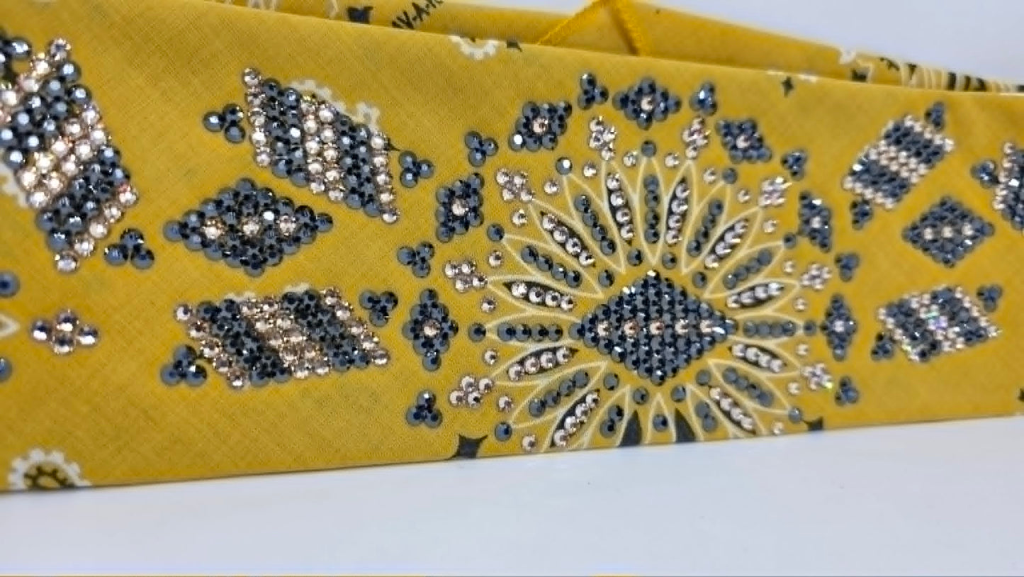 Super LeeAnnette Mustard Paisley Bandana with Black and Honey Austrian Crystals (S48159)