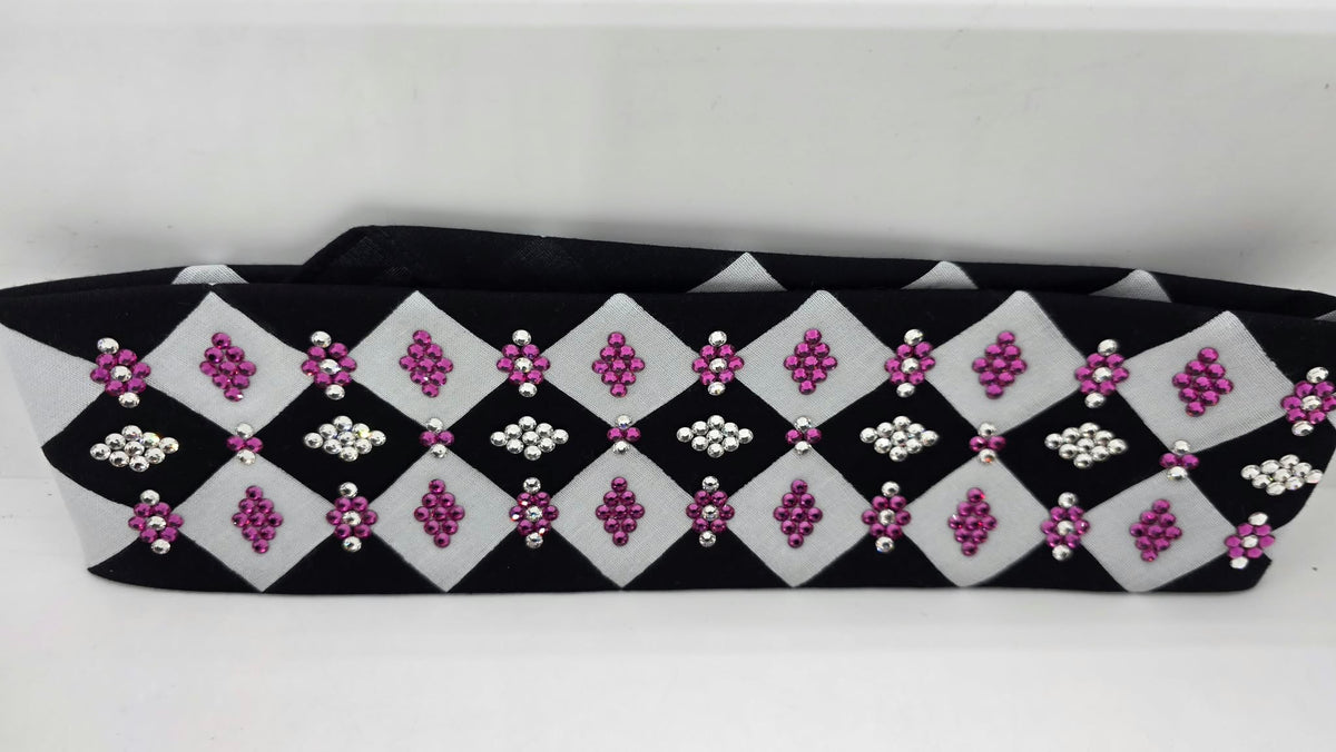 LeeAnnette Black and White Checker Bandana with Fuchsia and Diamond Clear Austrian Crystals (L40286)