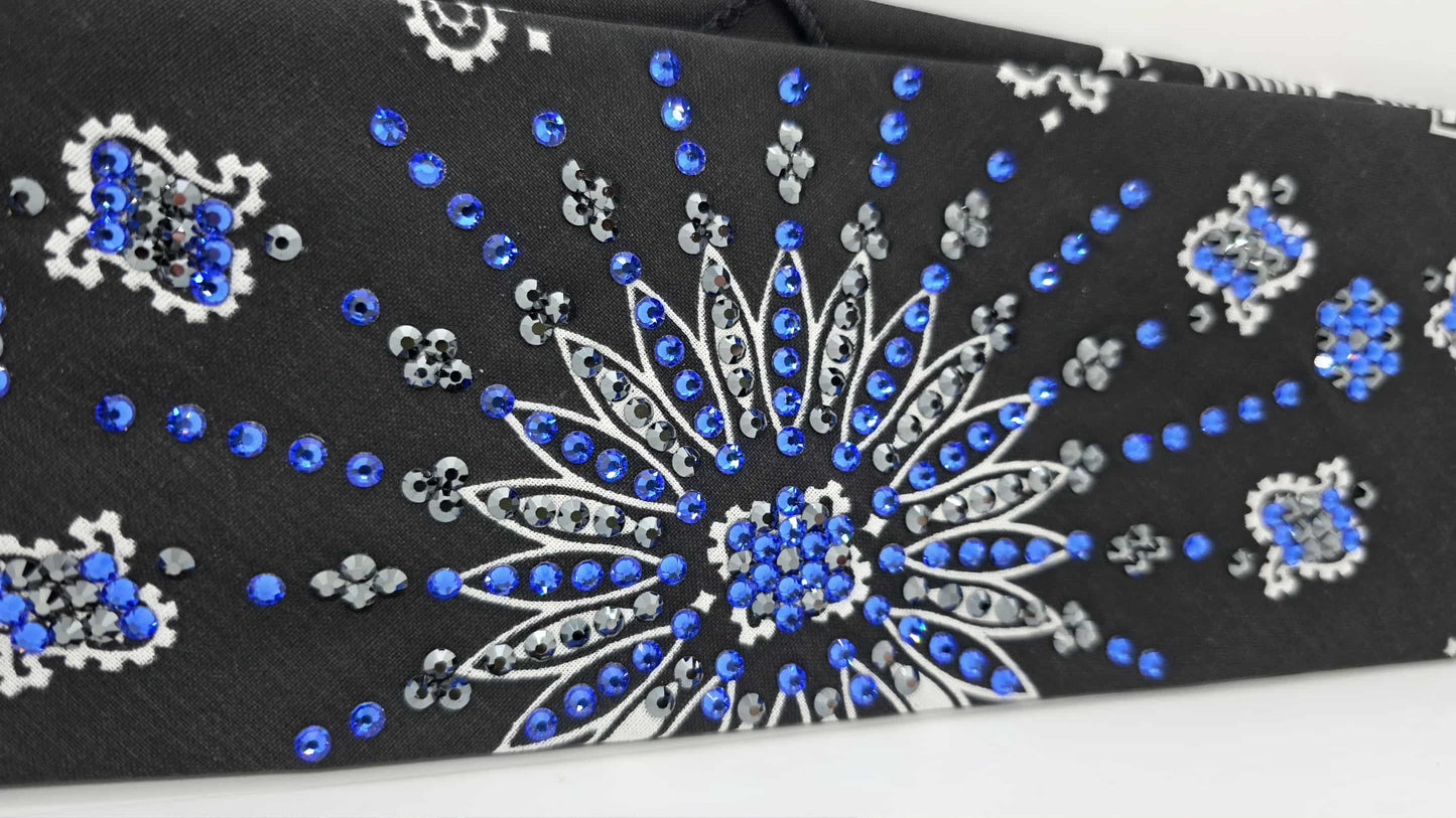 LeeAnnette Black Paisley Bandana with Blue and Black Austrian Crystals (sku40156)