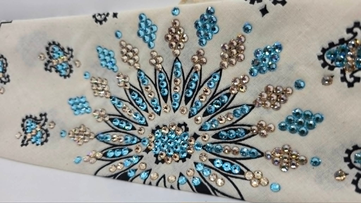 LeeAnnette Off White Paisley Bandana with Aqua and Honey Austrian Crystals (L40257)