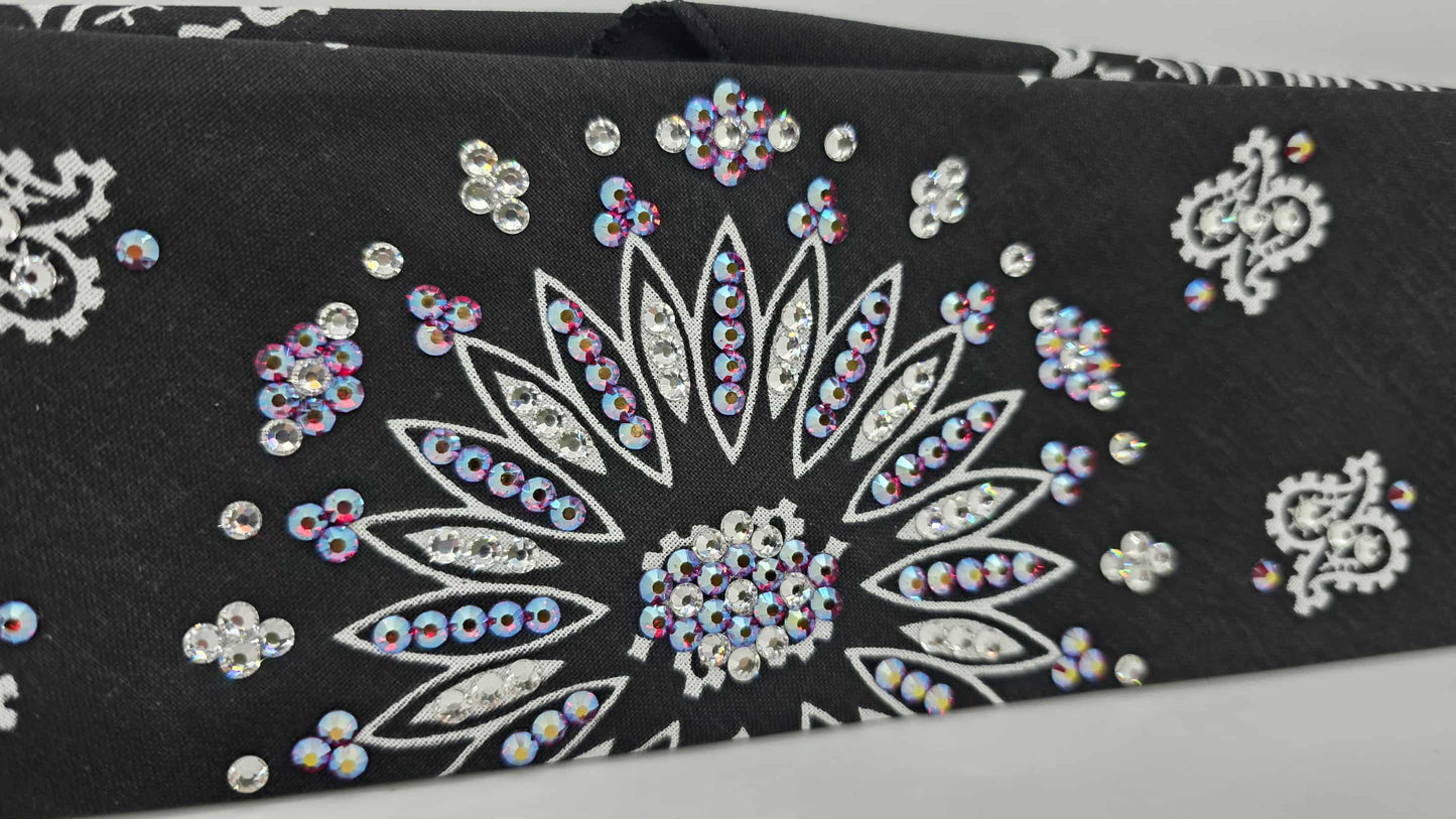 EXTRA BLING - Black Paisley Bandana with Red Shimmer and Diamond Clear Austrian Crystals (sku6424)