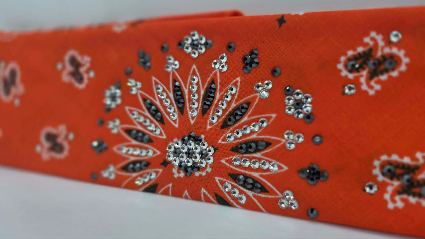 Orange Paisley Bandana with Black and Diamond Clear Austrian Crystals (E60153)