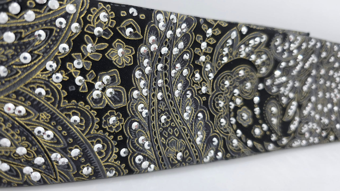 LeeAnnette Grey and Gold Paisley on Black Bandana with Chrome Austrian Crystals (L40220)