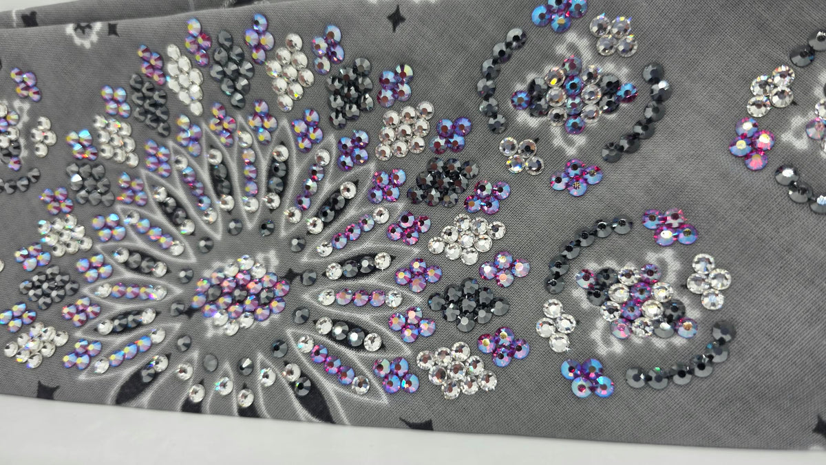 Super LeeAnnette Silver Paisley Bandana with Black, Fuchsia Shimmer and Clear Austrian Crystals (S48199)