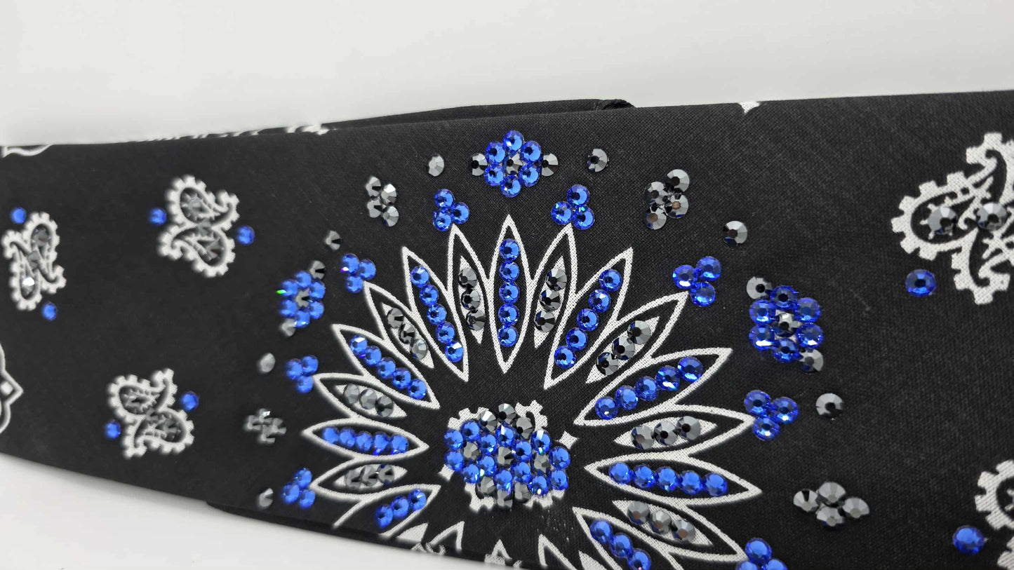 EXTRA BLING - Black Paisley Bandana with Sapphire and Black Austrian Crystals (sku6421)