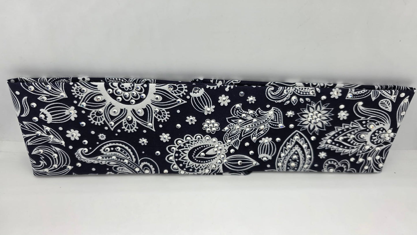 White on Navy Bandana with Diamond Clear Austrian Crystals (E60128)