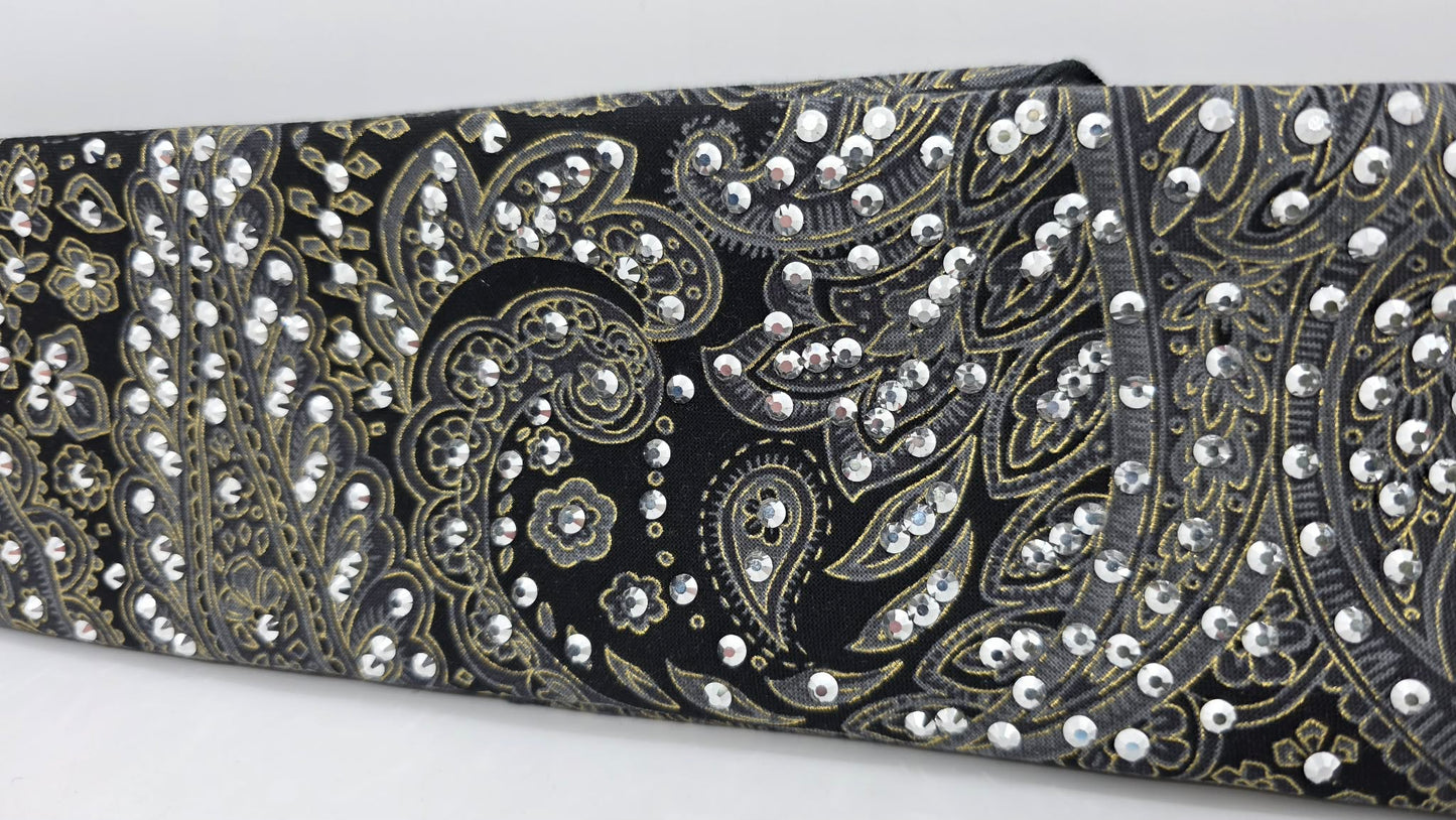LeeAnnette Grey and Gold Paisley on Black Bandana with Chrome Austrian Crystals (L40220)