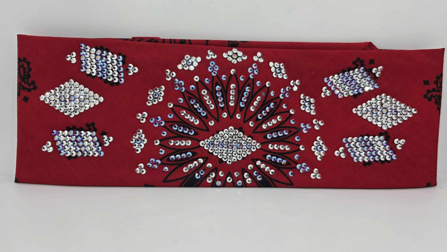 Super LeeAnnette Large Red Bandana with Red Shimmer and Chrome Austrian Crystals (sku40122)