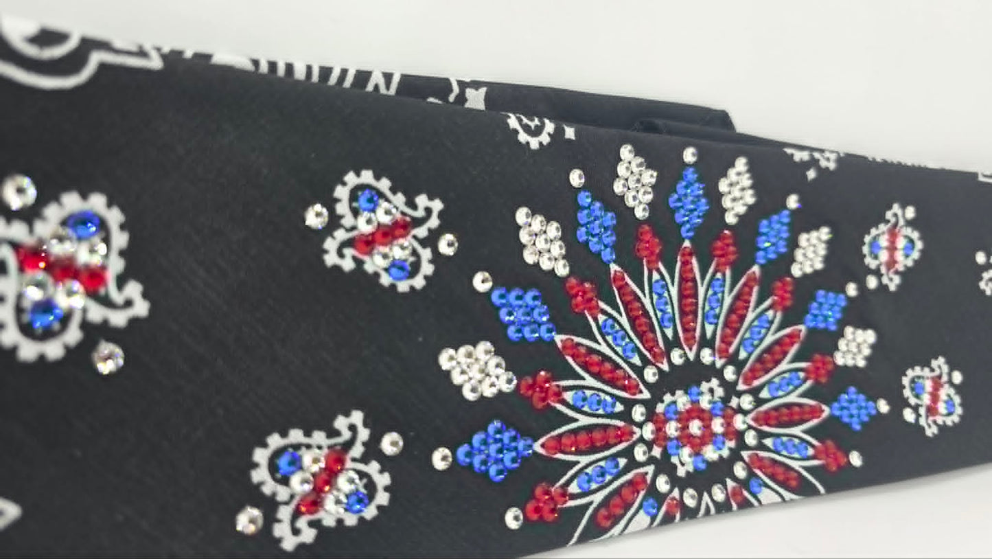 LeeAnnette Black Paisley Bandana with Red, Blue and Diamond Clear Austrian Crystals (L40261)