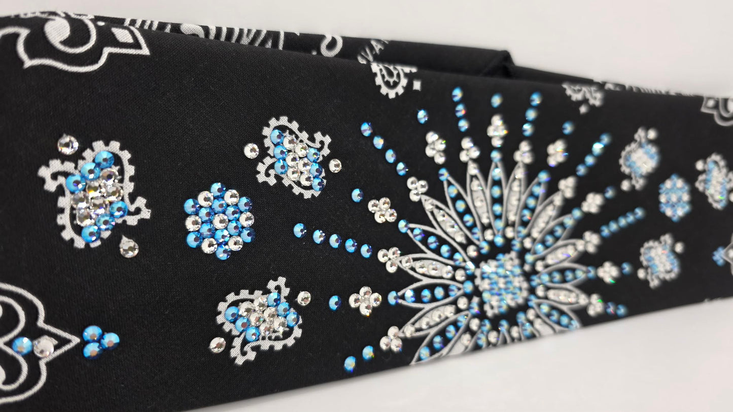 LeeAnnette Black Paisley Bandana with Blue Shimmer and Diamond Clear Austrian Crystals (L40207)