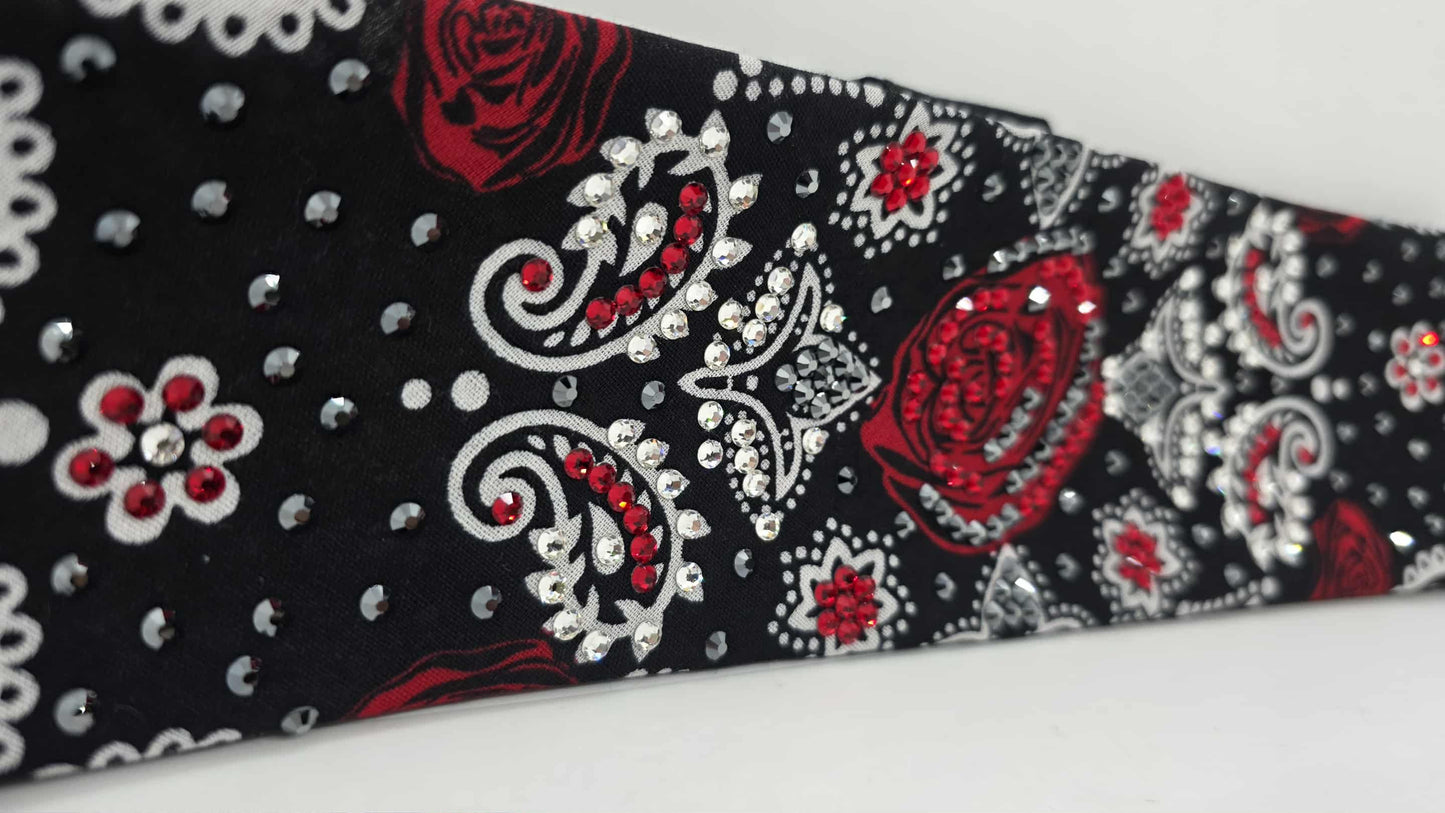 LeeAnnette Rose on Black Bandana with Red, Black and Diamond Clear Austrian Crystals (sku40110)