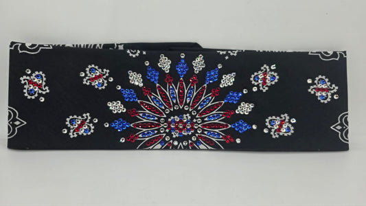 LeeAnnette Black Paisley Bandana with Red, Blue and Diamond Clear Austrian Crystals (L40261)