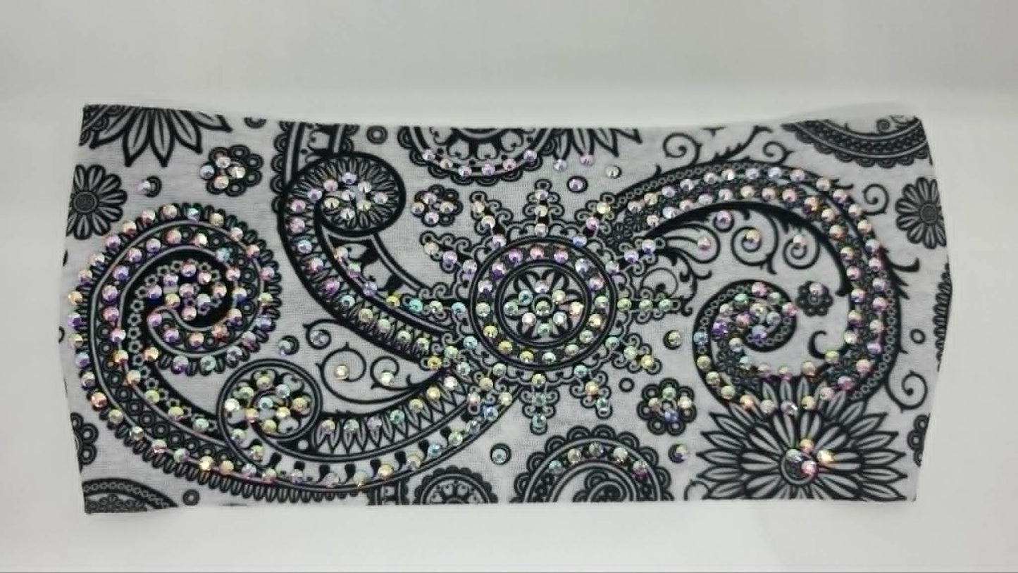 Stretchy Headband White Spiral with Aurora Borealis Crystals (Sku5470)
