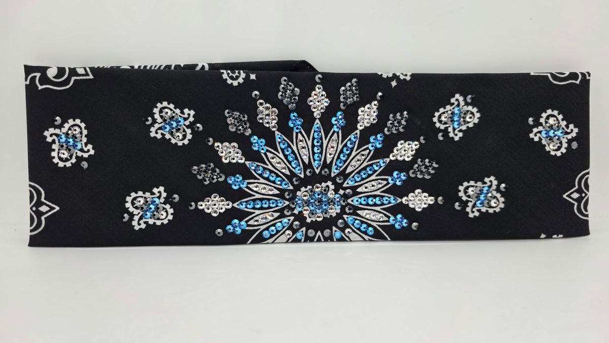 LeeAnnette Black Paisley Bandana with Blue Shimmer, Black and Diamond Clear Austrian Crystals (L40290)