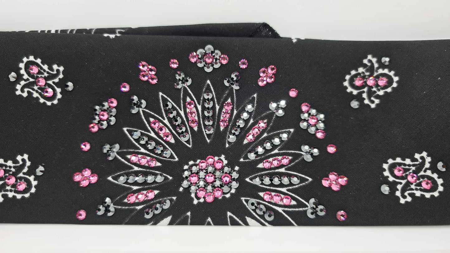 EXTRA BLING - Black Paisley Bandana with Black and Rose Austrian Crystals (sku6405)