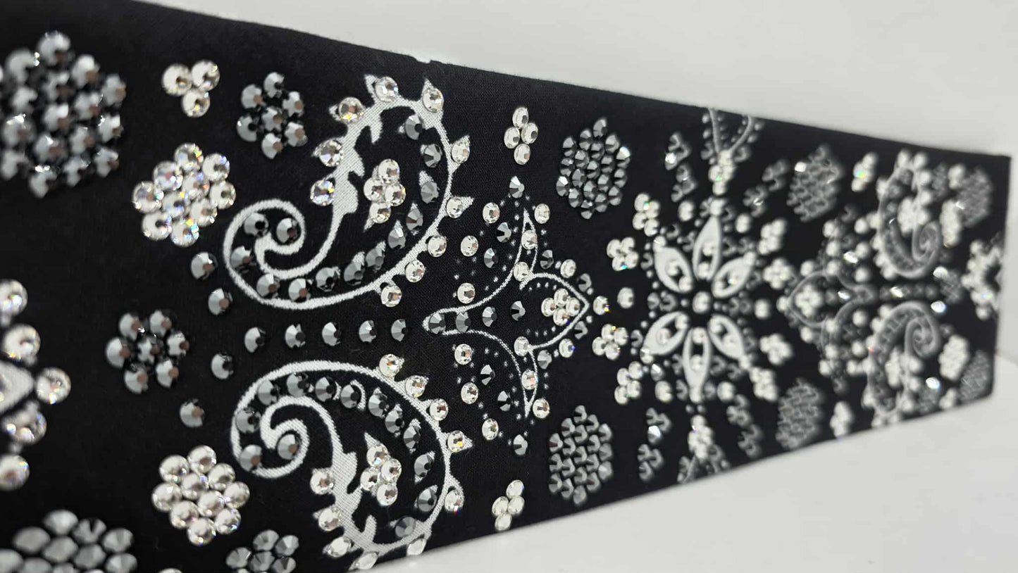 Super LeeAnnette Large Black Flower Bandana with Black and Diamond Clear Austrian Crystals (sku40105)