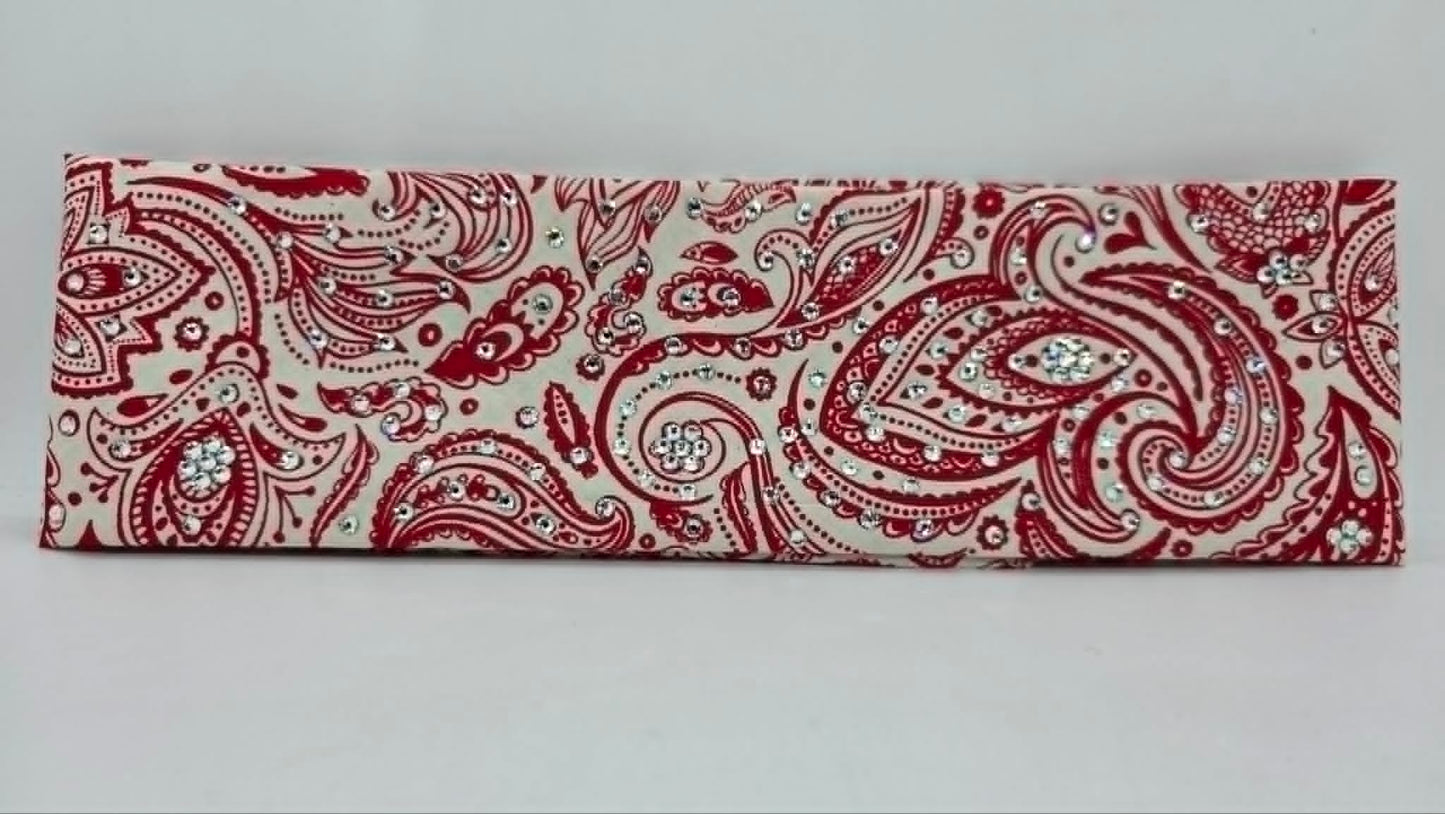 Red on Cream Bandana with Diamond Clear Austrian Crystals (E60137)