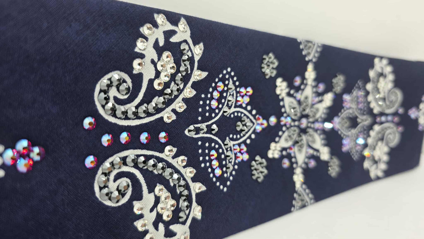 LeeAnnette Large Navy Blue Flower Bandana with Red Shimmer, Black and Diamond Clear Austrian Crystals (sku40104)