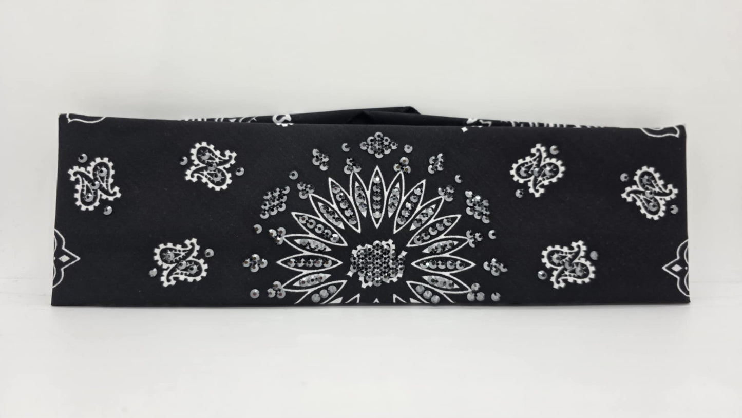 EXTRA BLING - Black Paisley Bandana with Black Austrian Crystals (sku6396)