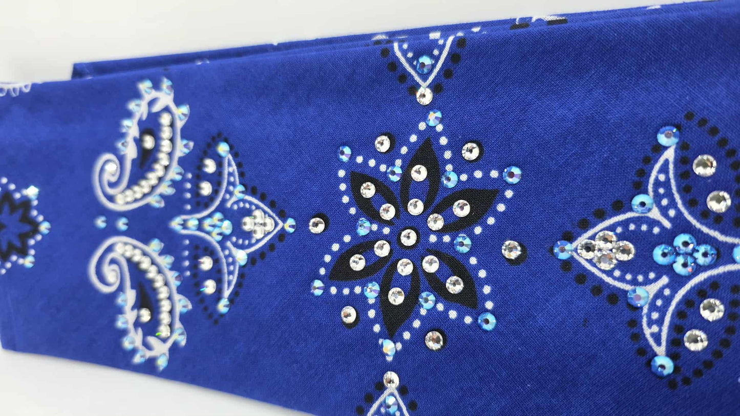 EXTRA BLING - Large Royal Blue Flower Bandana with Blue Shimmer and Diamond Clear Austrian Crystals (sku6411)
