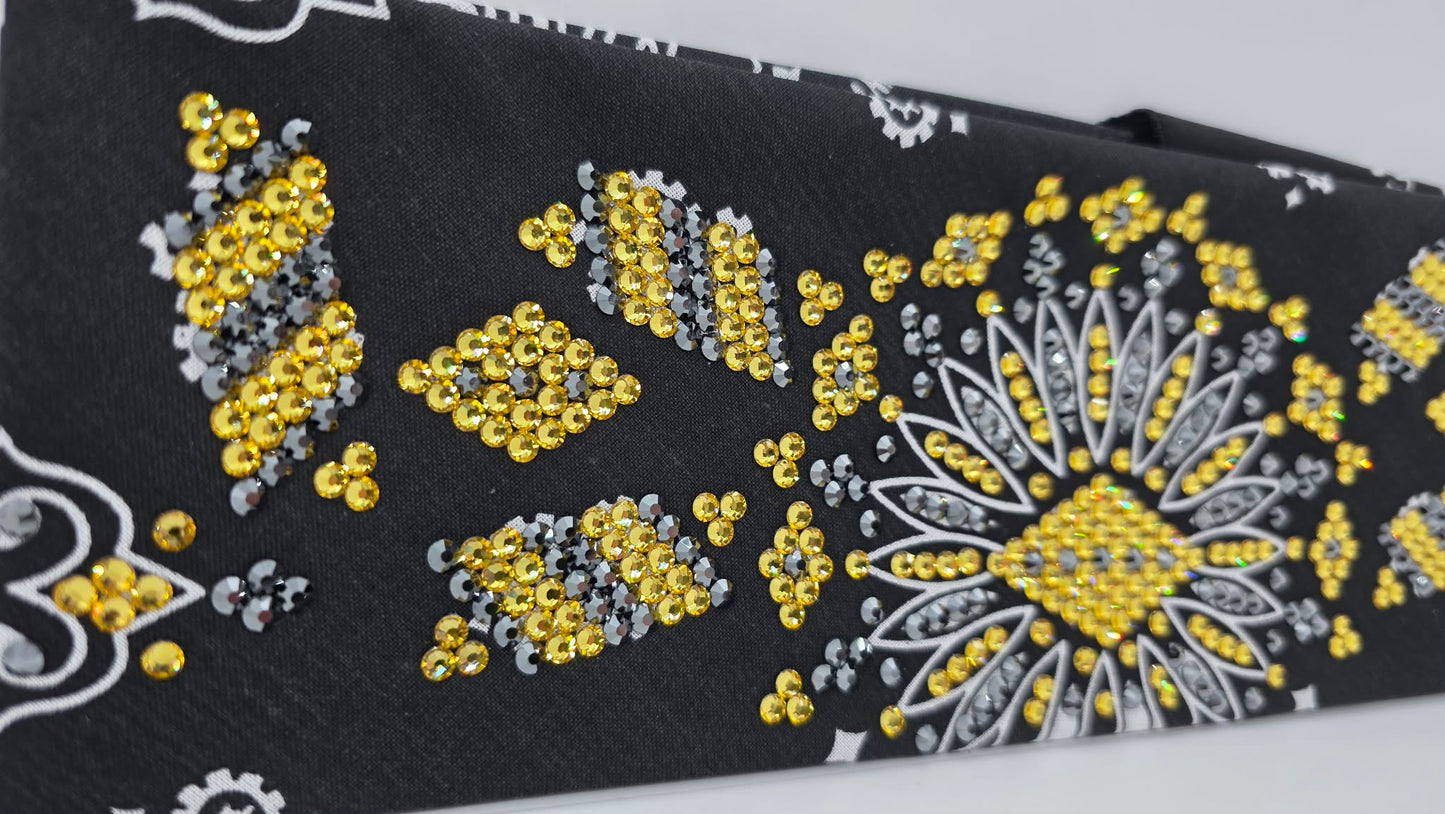Super LeeAnnette Black Paisley Bandana with Golden Yellow and Black Austrian Crystals (S48120)