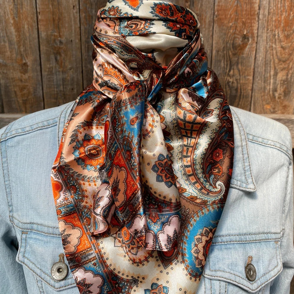 Plain Cream, Orange and Blue Paisley Scarf (P31002)