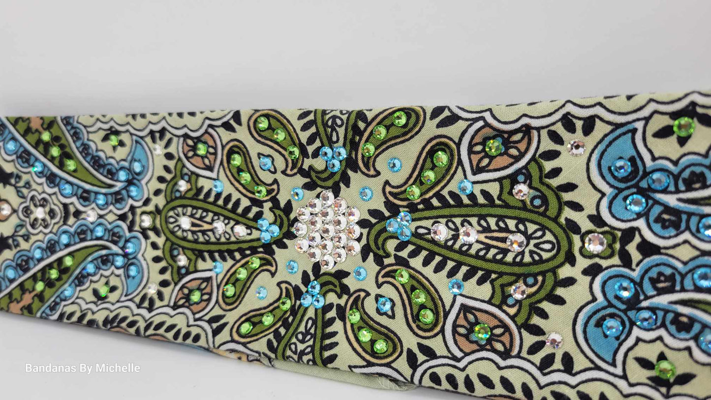 Narrow Mint Green Indian Bandana with Turquoise, Light Green and Diamond Clear Austrian Crystals (Sku1075)