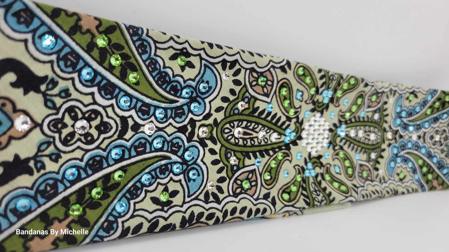 Narrow Mint Green Indian Bandana with Turquoise, Light Green and Diamond Clear Austrian Crystals (Sku1075)