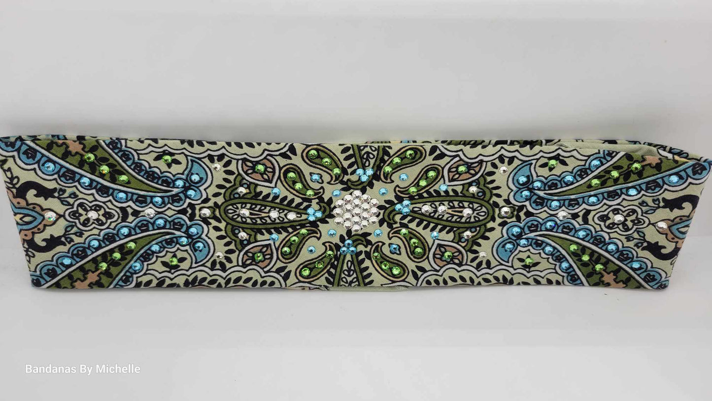 Narrow Mint Green Indian Bandana with Turquoise, Light Green and Diamond Clear Austrian Crystals (Sku1075)