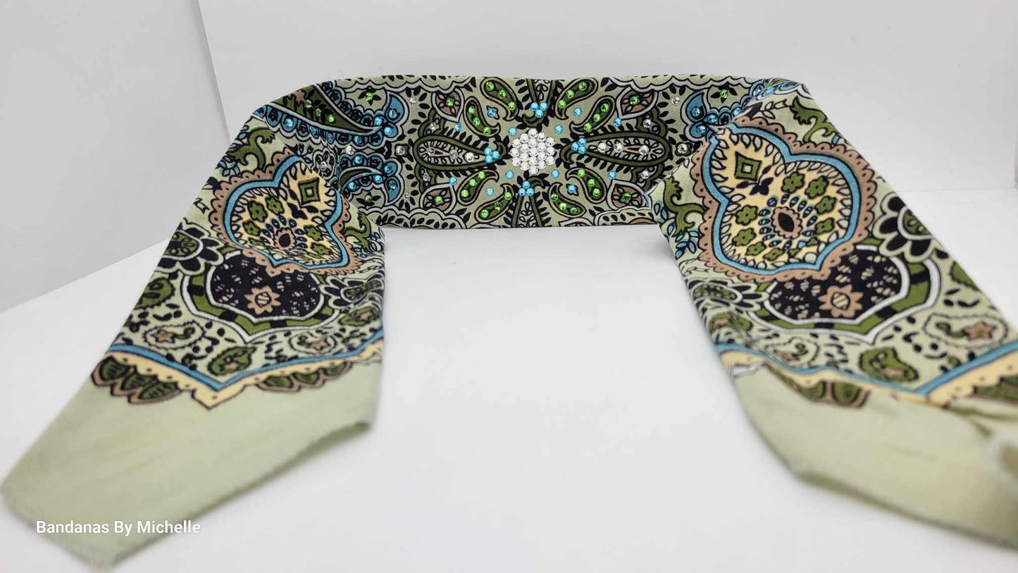 Narrow Mint Green Indian Bandana with Turquoise, Light Green and Diamond Clear Austrian Crystals (Sku1075)